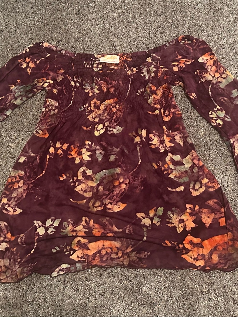 Off-Shoulder Floral Tunic Dress in Plum Pattern. Vintage - Hippy Look.